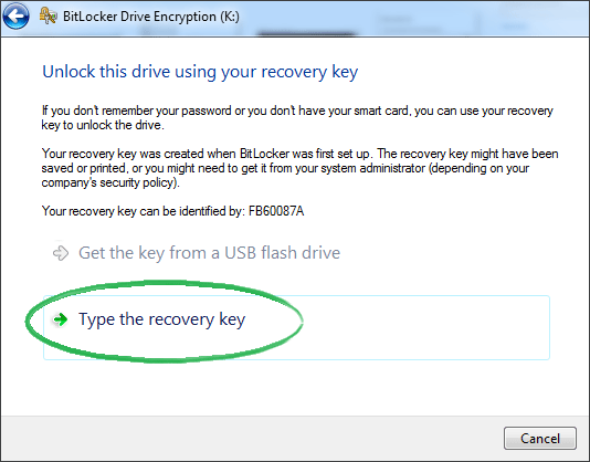 select Type recovery key