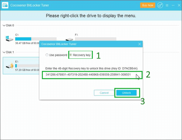 unlock bitlocker usb with recovery key via BitLocker Tuner