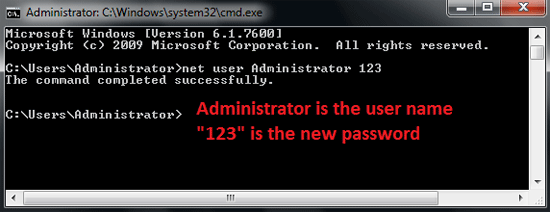 reset administrator password with command