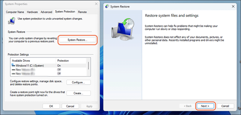 click system restore to restore system files and settings