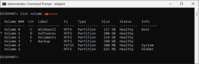 execute list volume again command