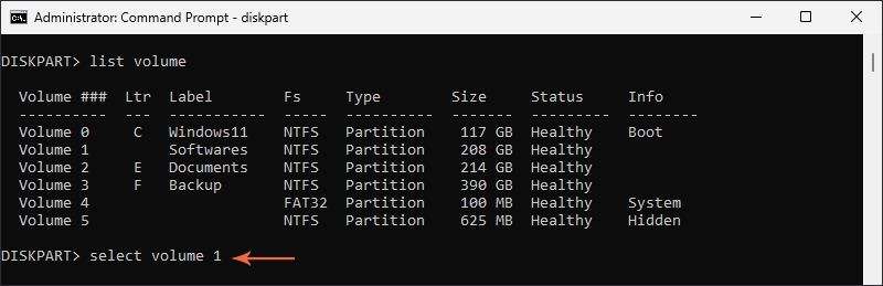 execute select target volume command