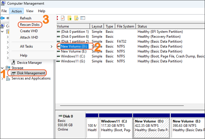 run rescan disk operations on missing D drive