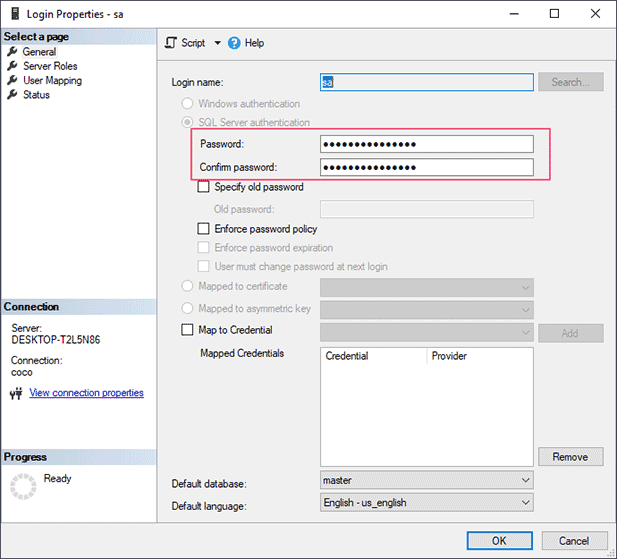 reset sql server sa password