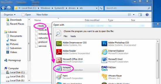 open hosts file through notepad