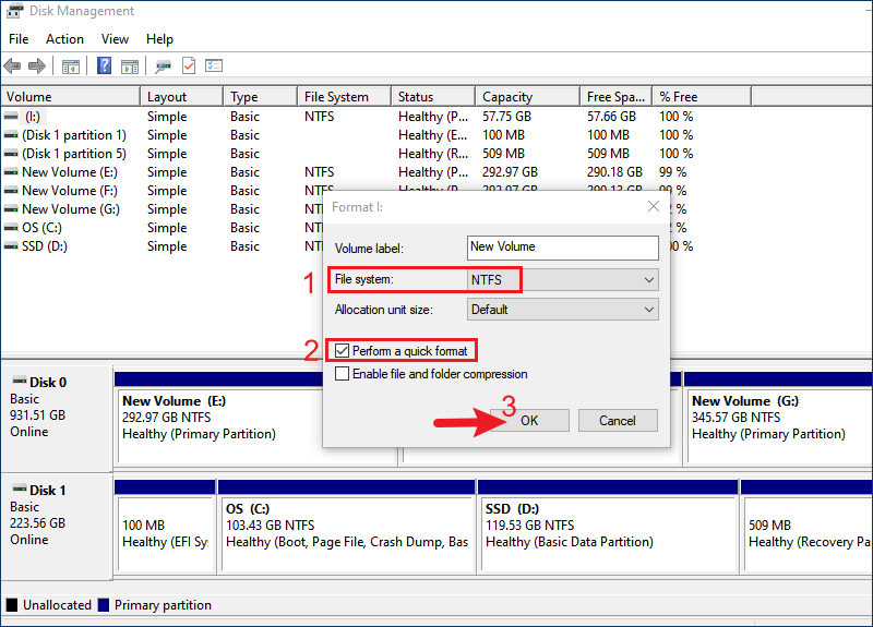 format to ntfs in disk management 