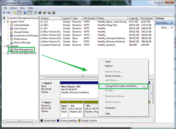 change drive letter and paths in disk manangement 