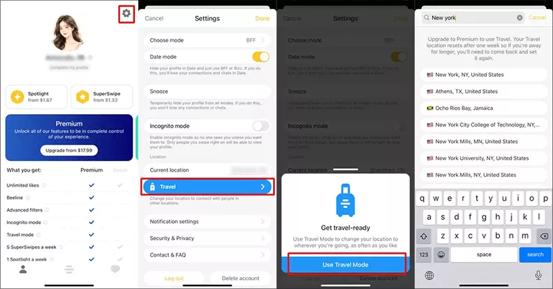 change Bumble location in travel mode