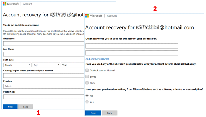 provide information to recover hotmail account