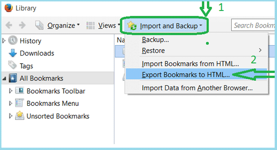 export bookmarks to html file