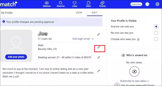 modify location on Match Profile
