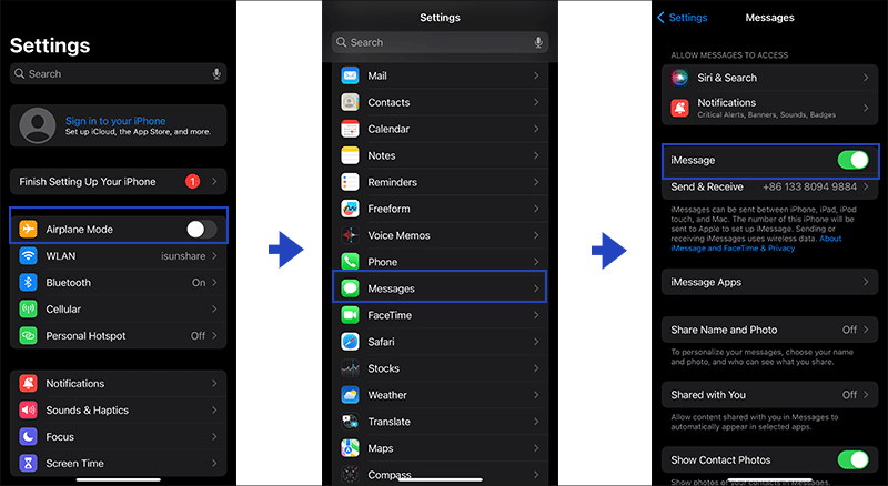 turn off Airplane mode and disable iMessage