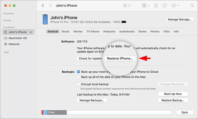 restore iPhone via Finder on Mac