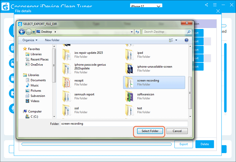 select folder to save screen recording photos