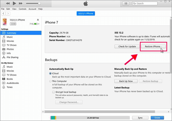 click Restore iPhone