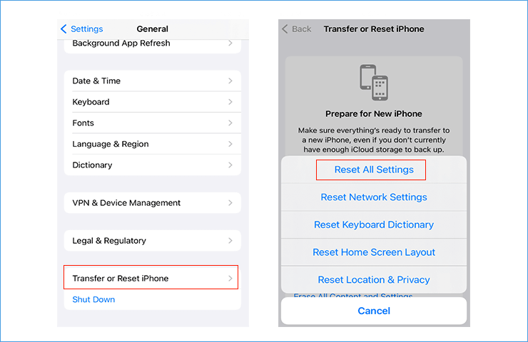 reset all settings in iPhone