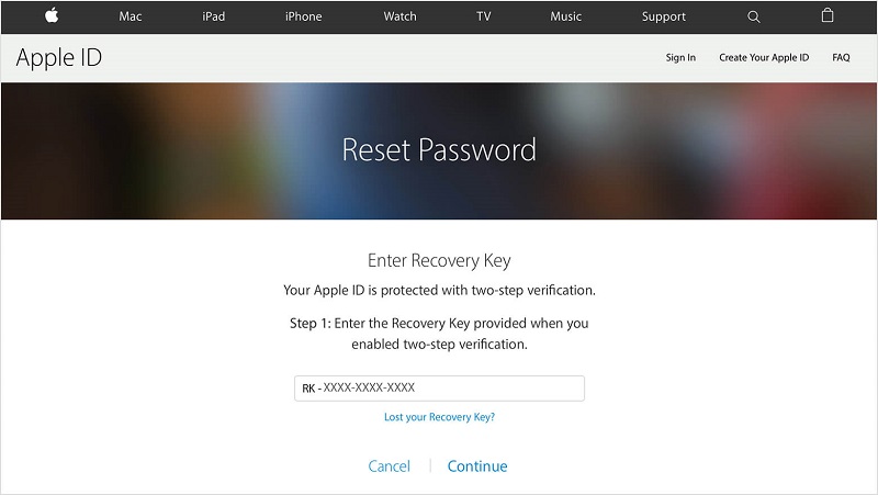 recovery key for password reset via two step verification