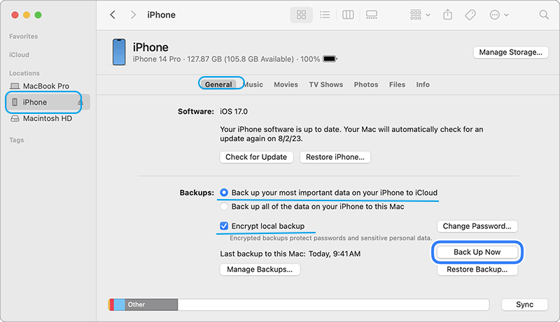back up iPhone using Finder
