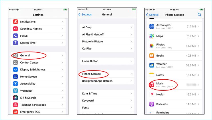 delete music in iPhone settings