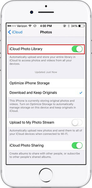 turn on iCloud Photo Library