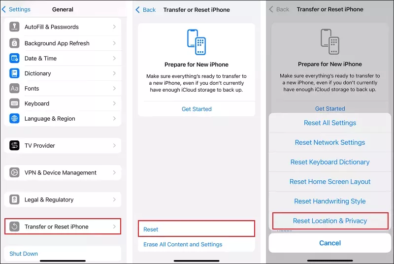 Reset Location & Privacy