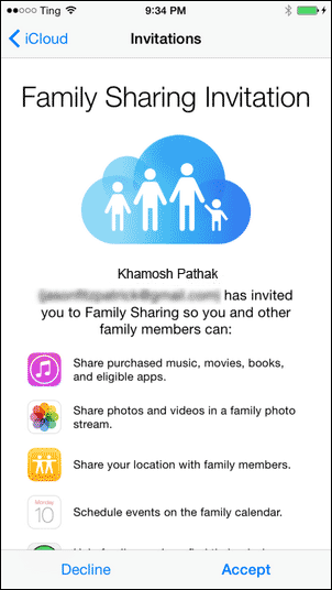 find family sharing invitation on iPhone