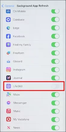 turn off background app refresh for life360