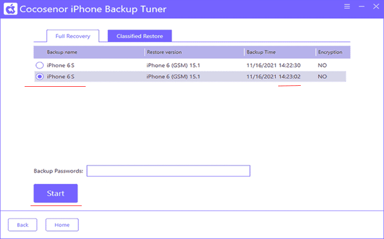 choose backed-up data