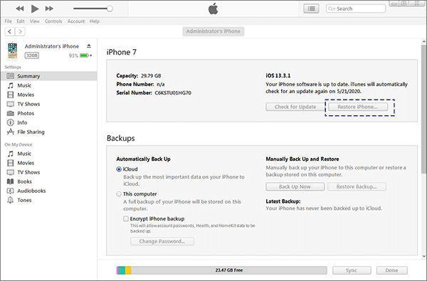 remove screen lock using iTunes restore