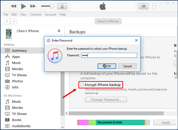 remove itunes backup password