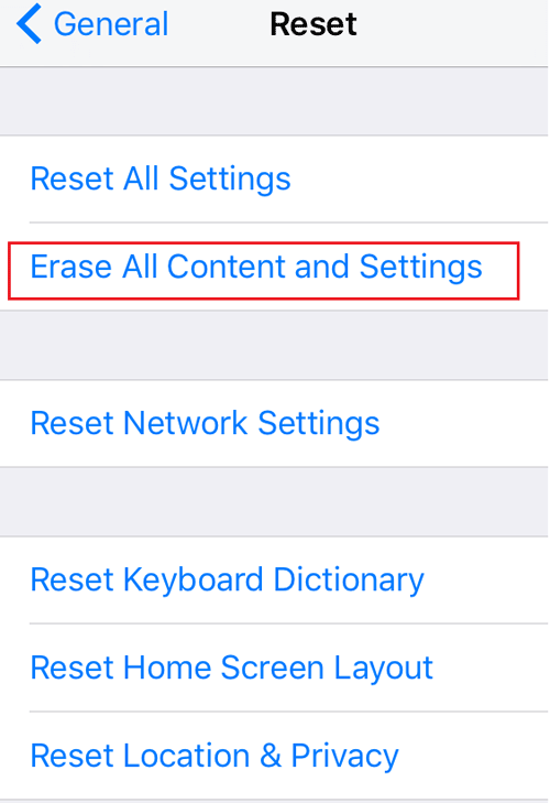 erase all content and settings