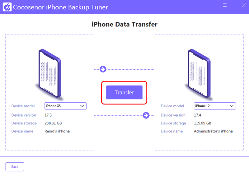 confirm iPhone and hit Transfer