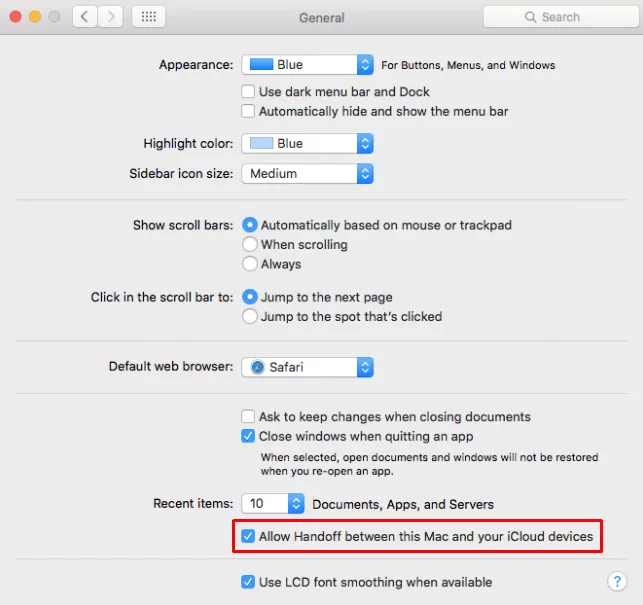 allow handoff between this Mac and your iCloud devices