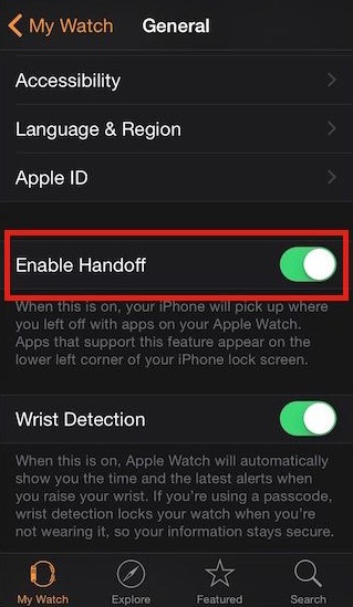enable Handoff on Apple Watch App