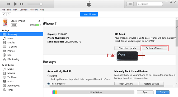 hold Shift key and click Restore iPhone on iTunes
