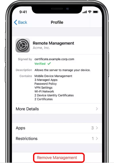 remove MDM profile from iPhone settings