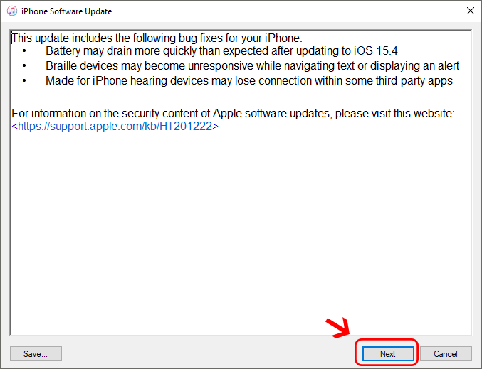 click Next in iPhone software update window