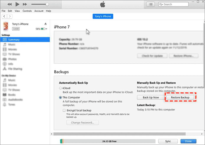 restore iPhone from backup by iTunes