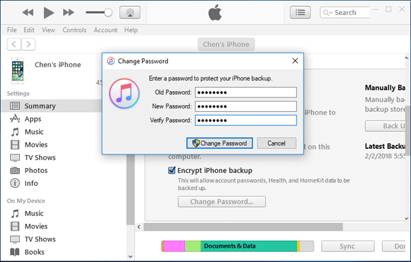 change itunes backup encrypted password