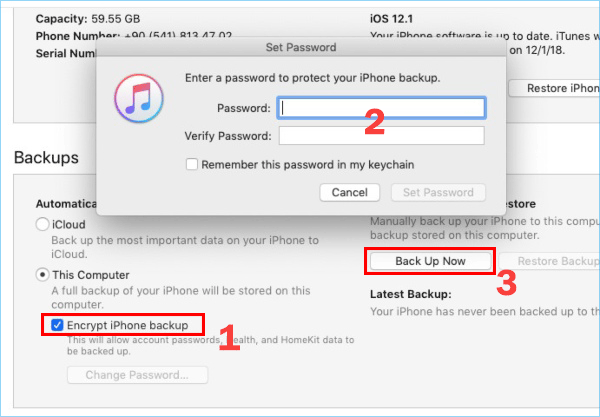 create encrypt password for iTunes backup