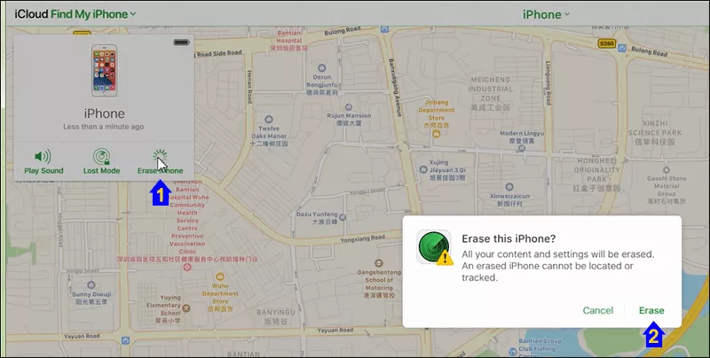click Erase iPhone and confirm it in iCloud