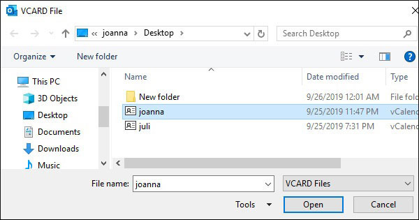 choose vcard file