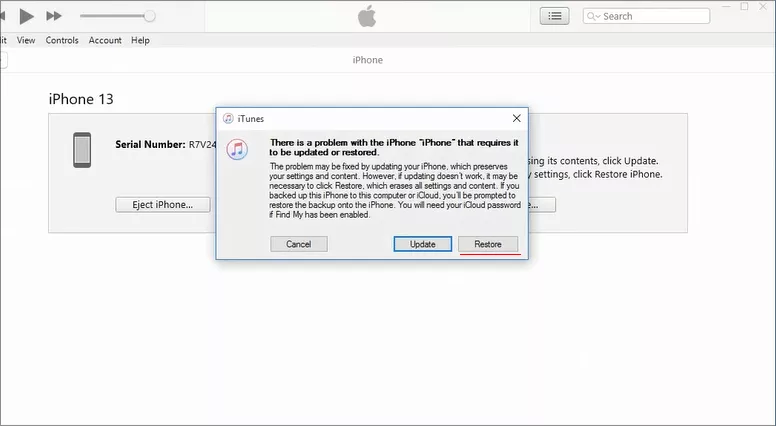 restore locked iPhone via iTunes