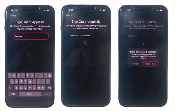 enter Apple ID passcode and tap Erase iPhone