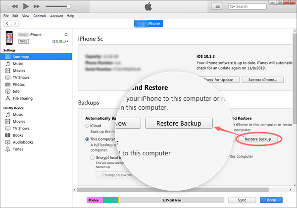 restore backup from iTunes