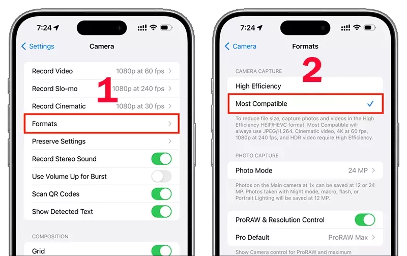 change iPhone camera formats to compatible