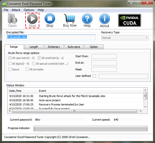 start to recover excel password