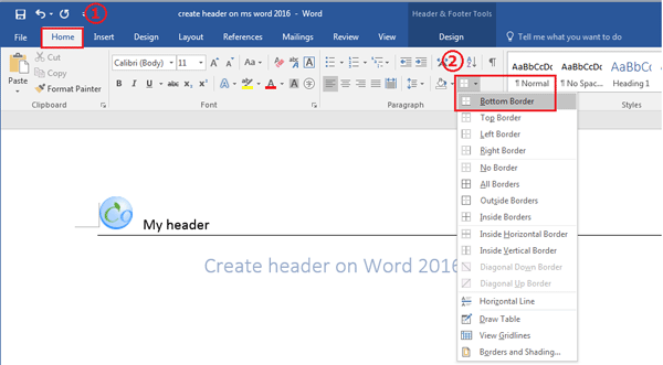3 Ways To Create Header On Ms Word 2016 Document And Add Border Line To Header