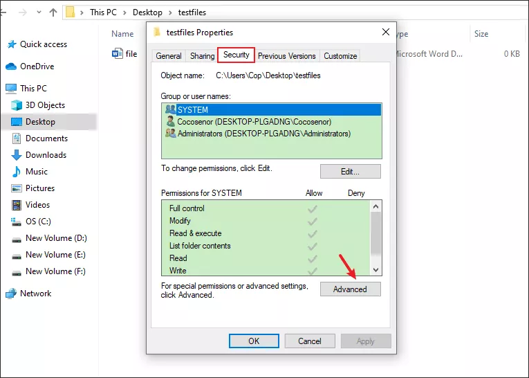 Click Security and then Advanced