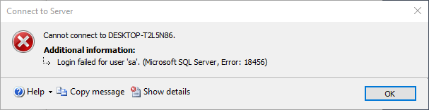 login failed for user sa